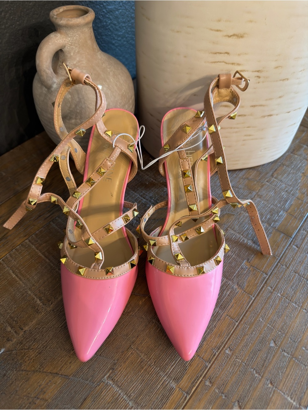 Catherine Malandrino Pink Patent Pointed-Toe Studded Ankle-Strap Heels